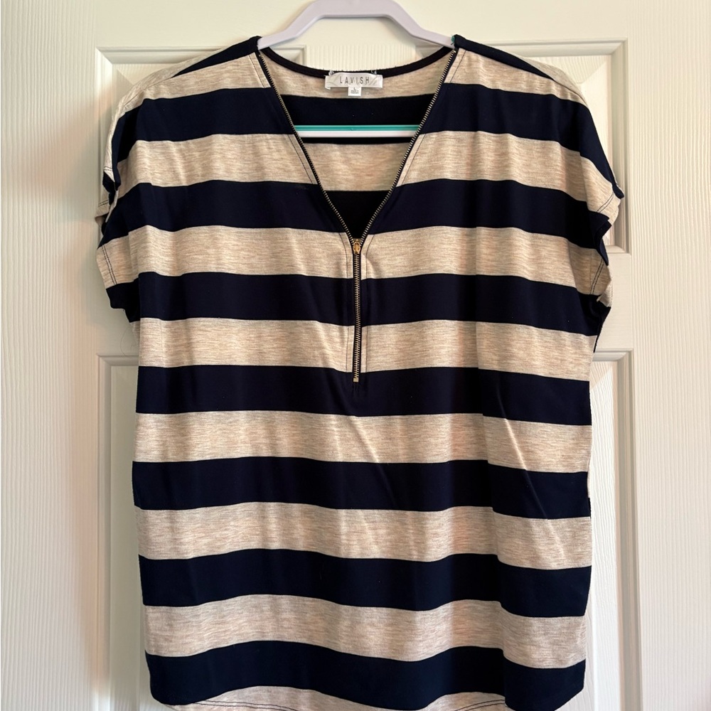 Lavish Blue and Cream Short Sleeve Relaxed Blouse
